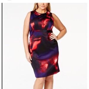 Calvin Klein Red Purple Abstract Galaxy Print Sleeveless Sheath Dress Size 12
